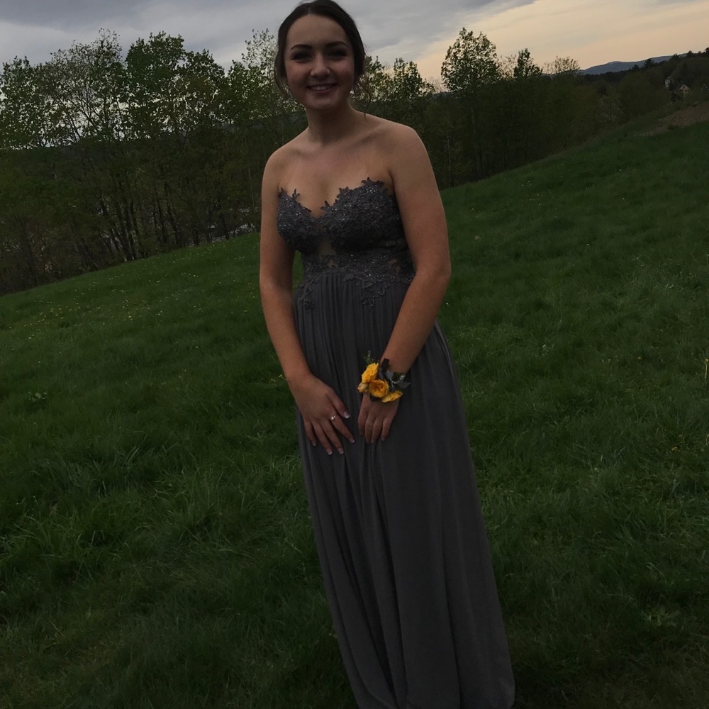 Charcoal grey strapless prom dress